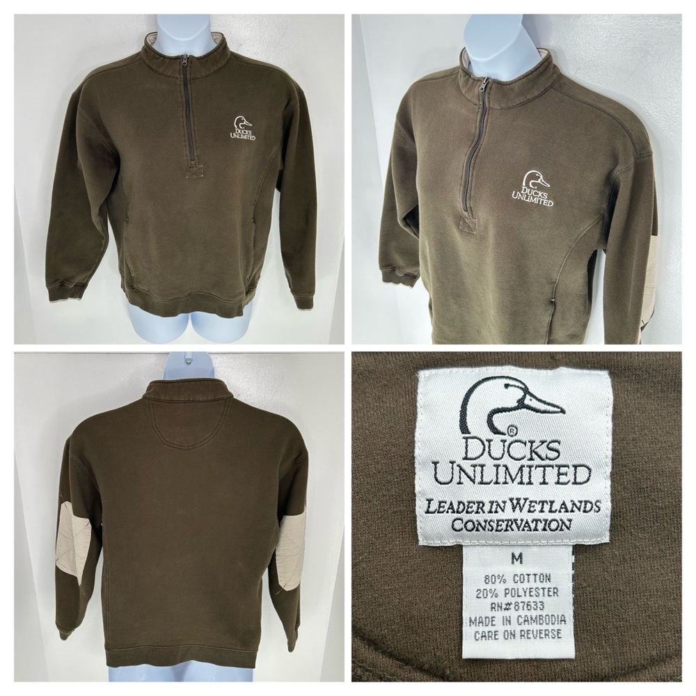 Ducks Unlimited 1/4 Zip Sweatshirt Womens Medium Elbow Patches Brown Pockets